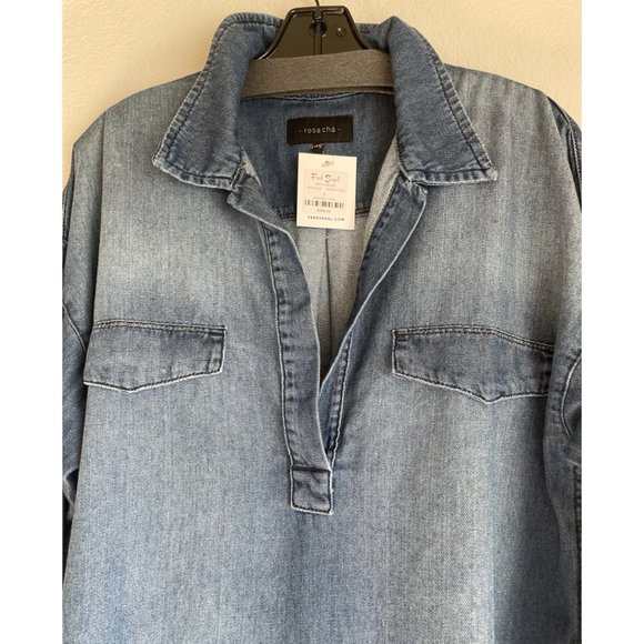 ROSACHA" MEDIUM WASHED DENIM POPOVER W/ FRAYED HEM - Picture 2 of 7